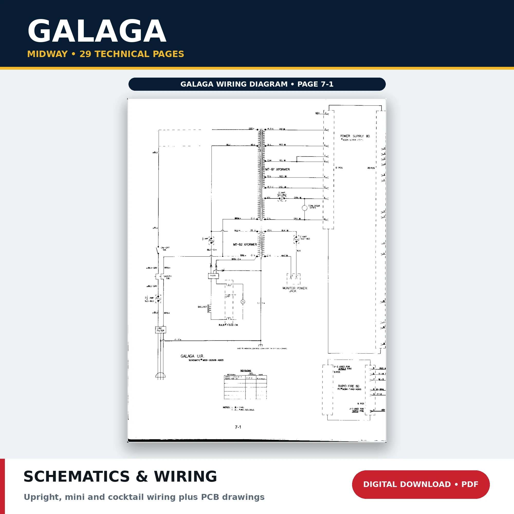 Midway Galaga upright cabinet wiring diagram and arcade schematics PDF download