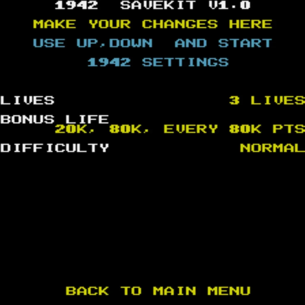 1942 gameplay settings screen showing lives bonus life and difficulty configuration