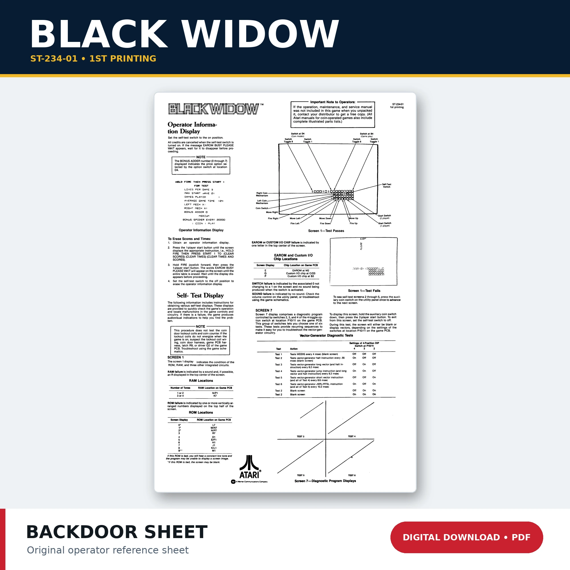 Black Widow ST-234-01 1st Printing arcade back door sheet PDF digital download