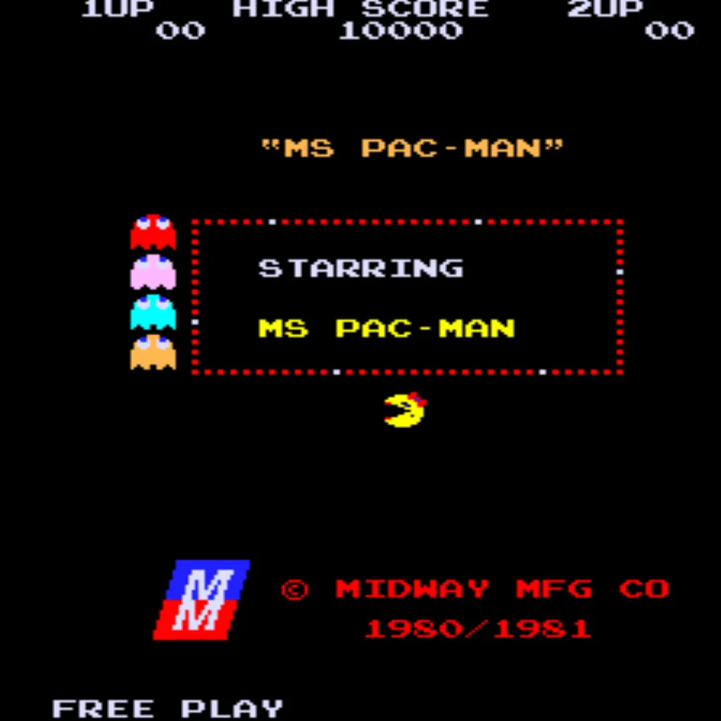 Ms Pac-Man Title Screen – Free Play and High Score Save Kit for Midway arcade game Ms Pac-Man arcade title screen with Free Play and High Score Save Kit installed