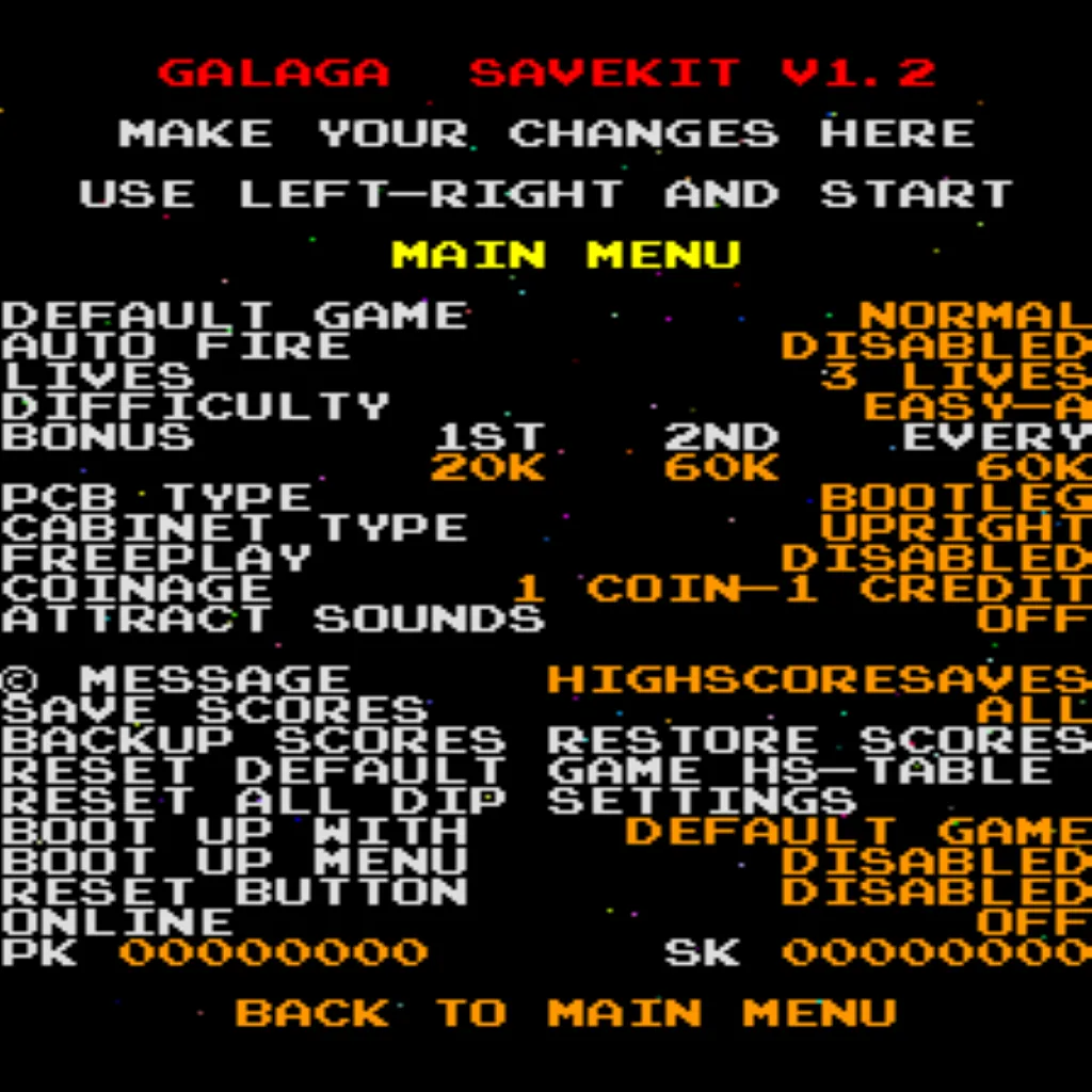 Galaga arcade settings menu showing Free Play and High Score Save Kit options