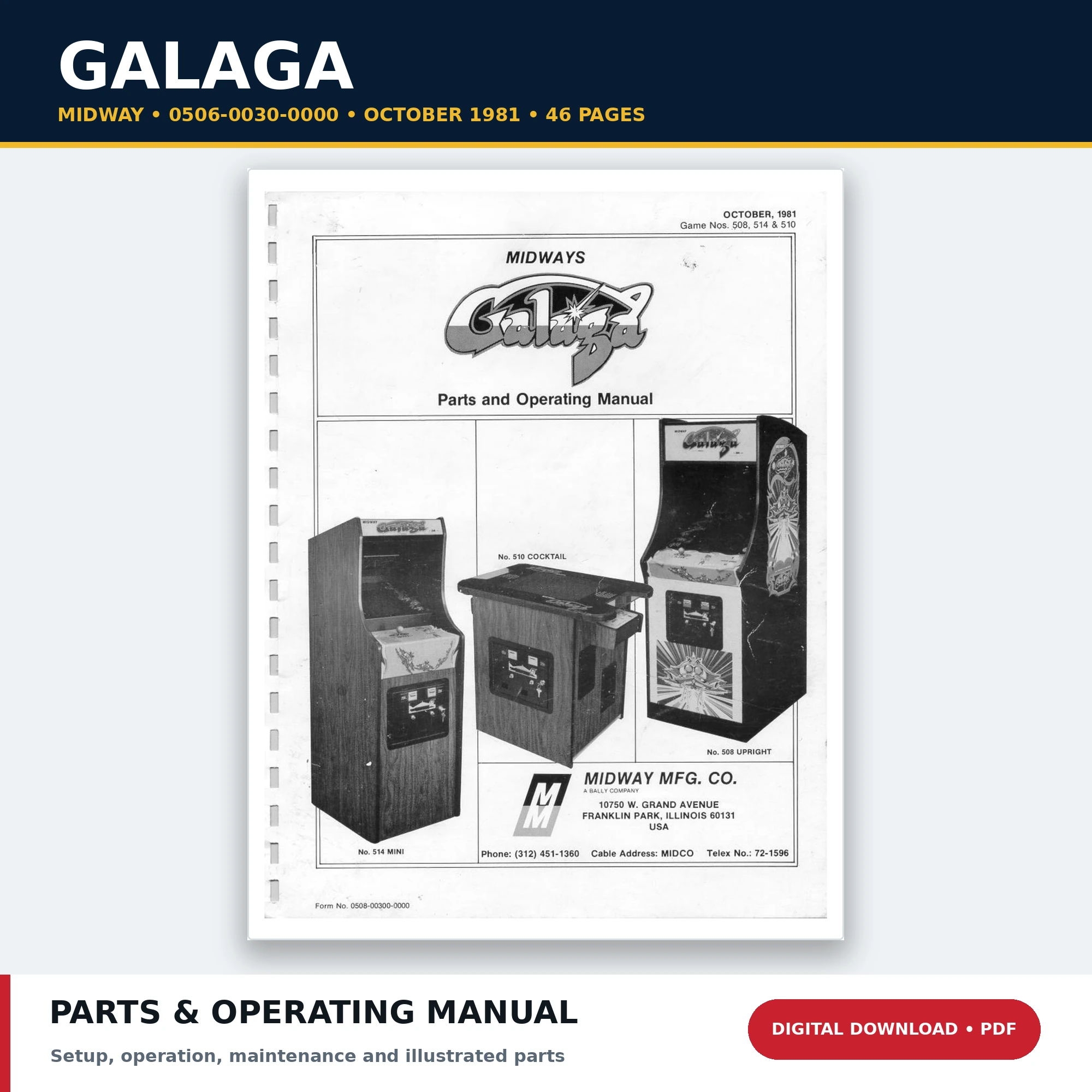 Midway Galaga parts and operating manual 0506-0030-0000 PDF download